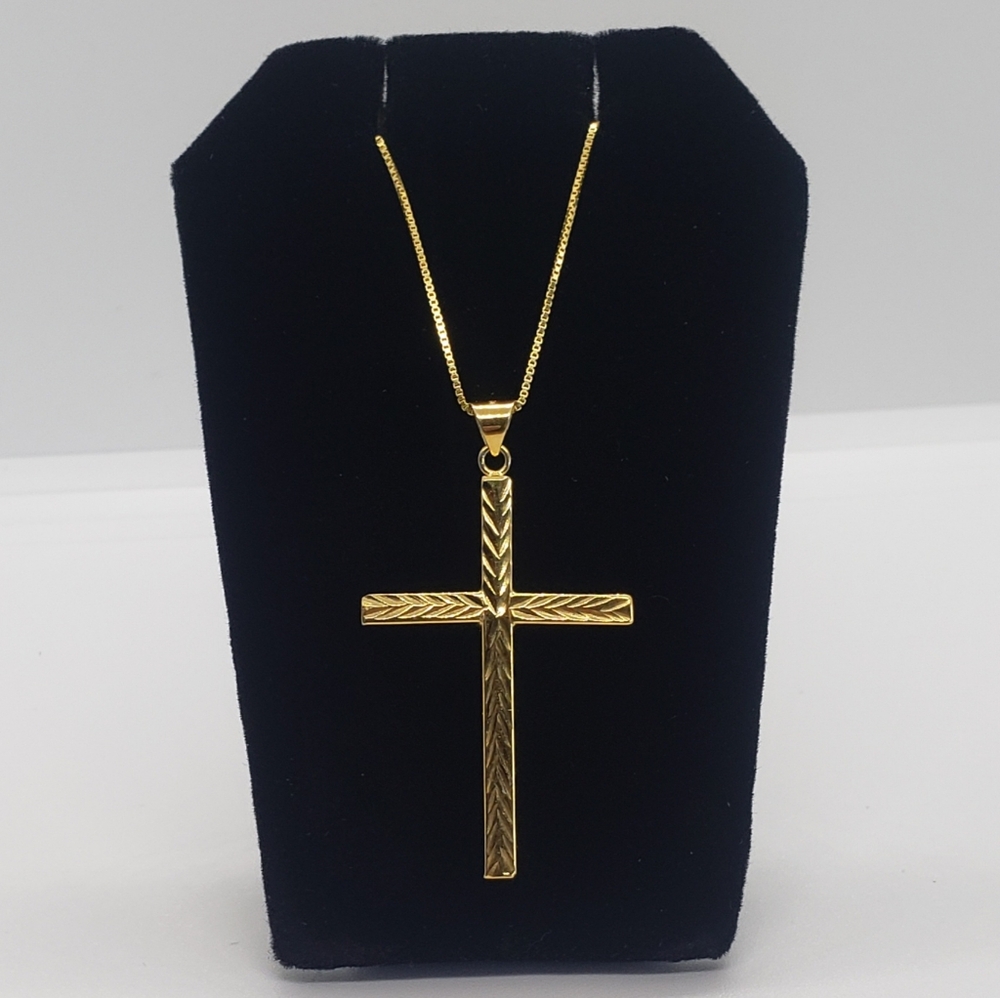 14k Yellow Gold over Sterling Silver Diamond Cut Cross w/Chain